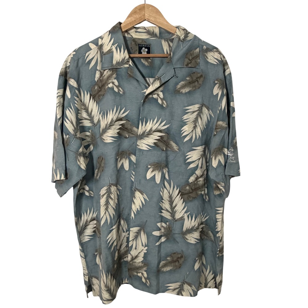 Aureus Silk Blend Tropical Leaf Shirt Mens Large Blue Short Sleeve Excellent